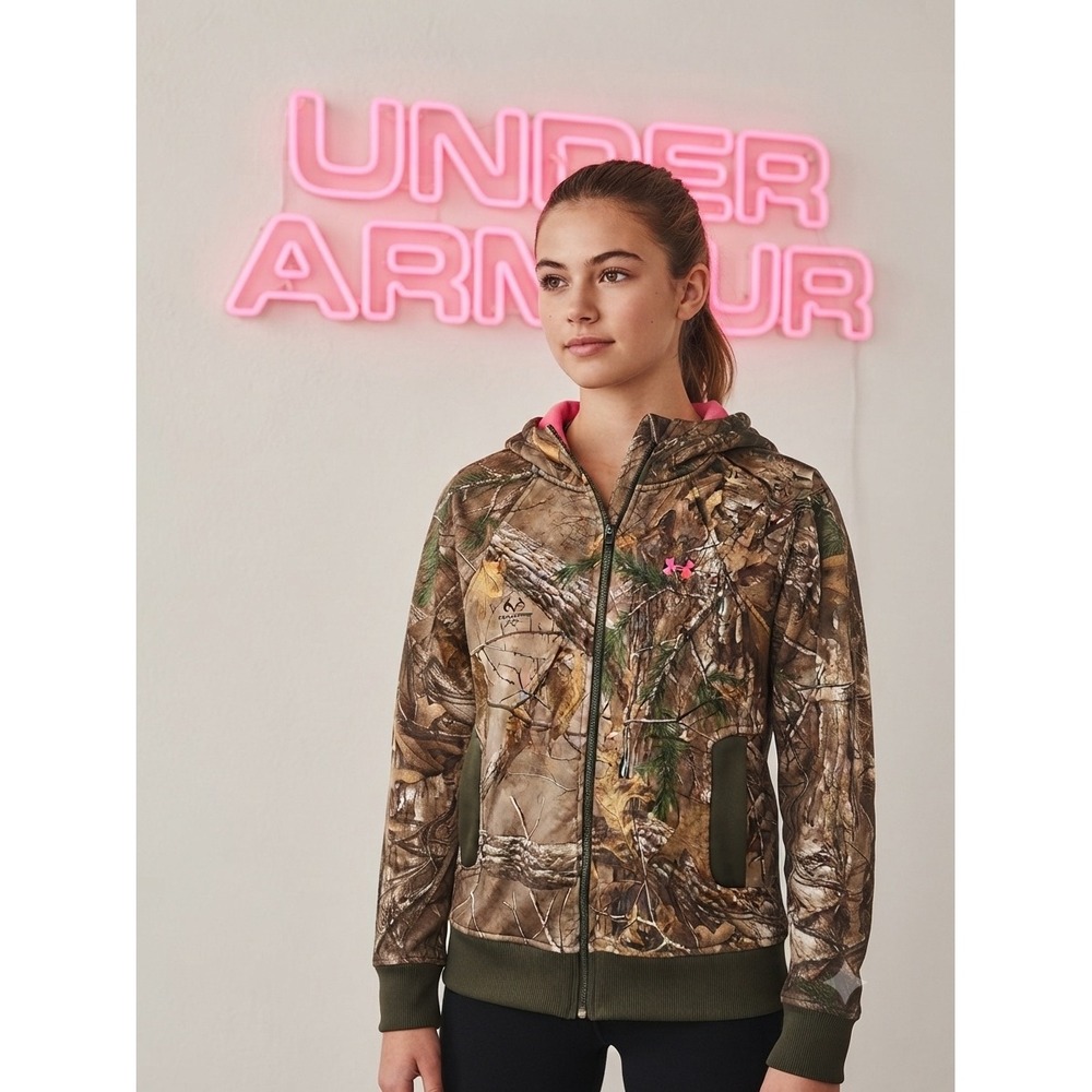 Under Armour ColdGear Womens Realtree Xtra Camo Full Zip Hoodie Pink Logo Small